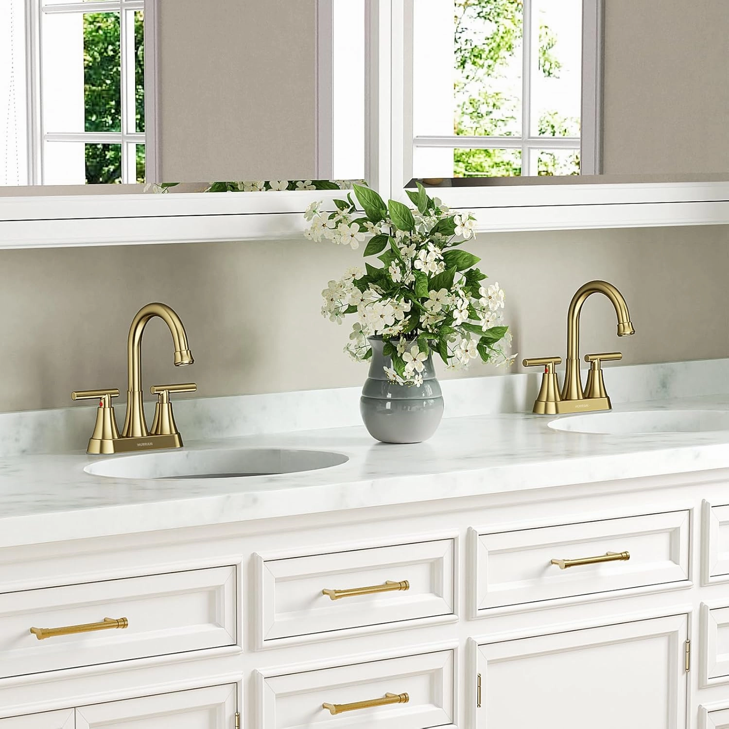 4 inch Brushed Gold Bathroom Sink Faucet with Pop-up Drain and 2 Supply Hoses, Stainless Steel Lead-Free 2-Handle Centerset Faucet for Bathroom Sink Vanity RV