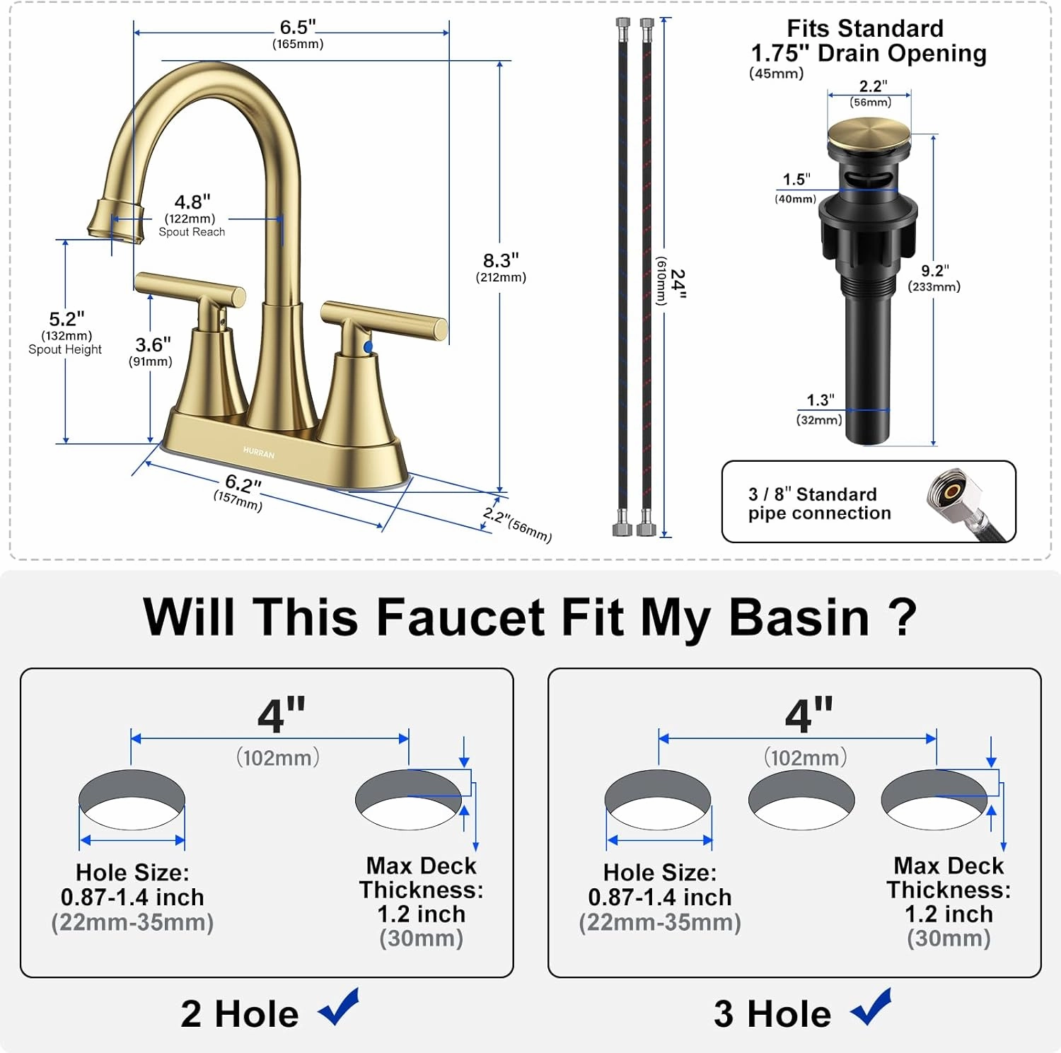4 inch Brushed Gold Bathroom Sink Faucet with Pop-up Drain and 2 Supply Hoses, Stainless Steel Lead-Free 2-Handle Centerset Faucet for Bathroom Sink Vanity RV