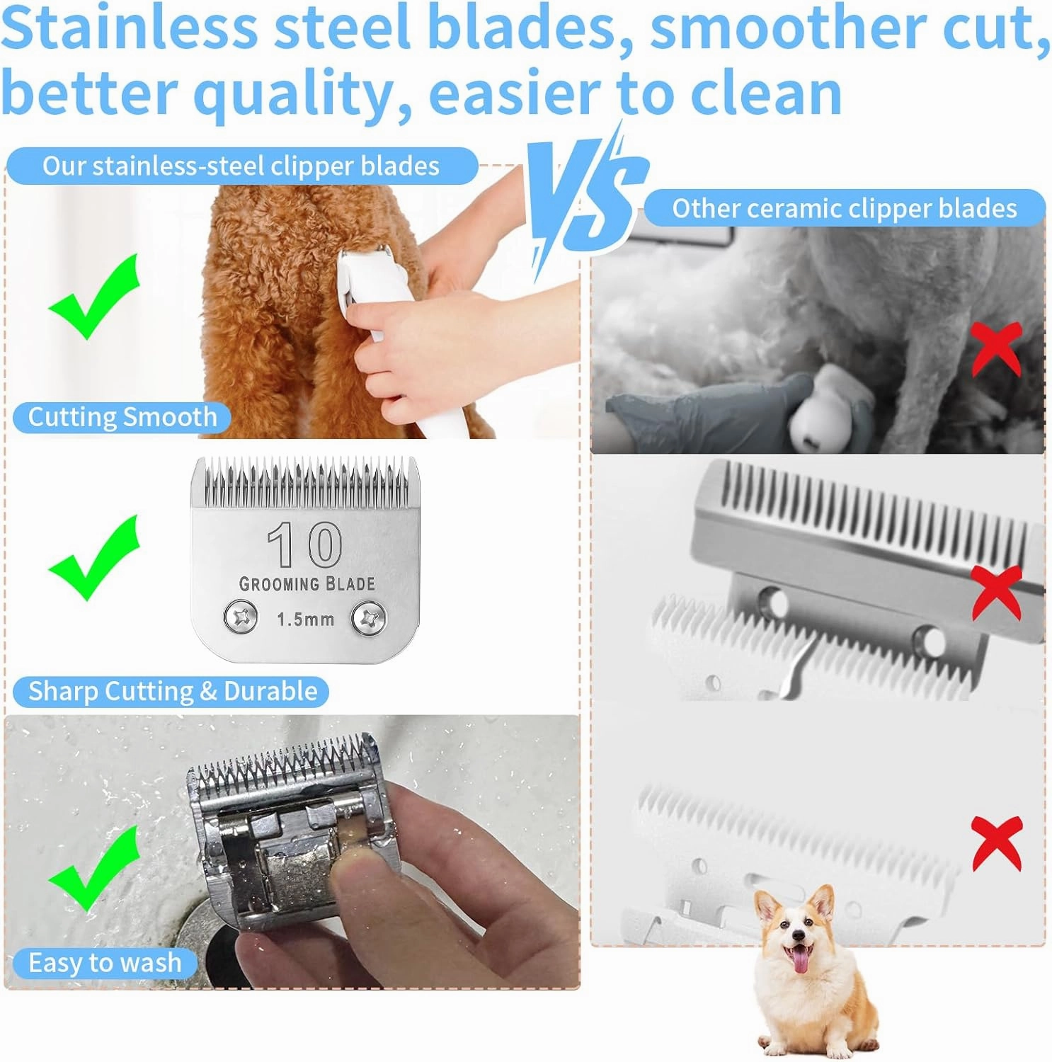 4FC 5FC 7FC 3-3/4FC Detachable Dog Grooming Blades, Compatible with Andis, Oster A5, Wahl KM10 Series Clippers, Cut Length 3.2mm-13mm, Silver