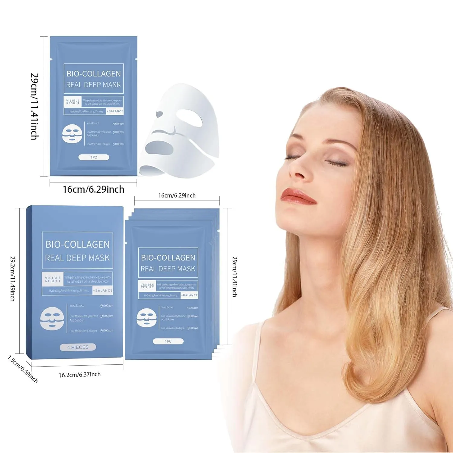 4Pcs Bio Collagen Mask, Collagen Hydrating Face Mask, Deeply Moisturizes Firms Skin to Improve Facial Wrinkles Pore Minimizing (Blue)