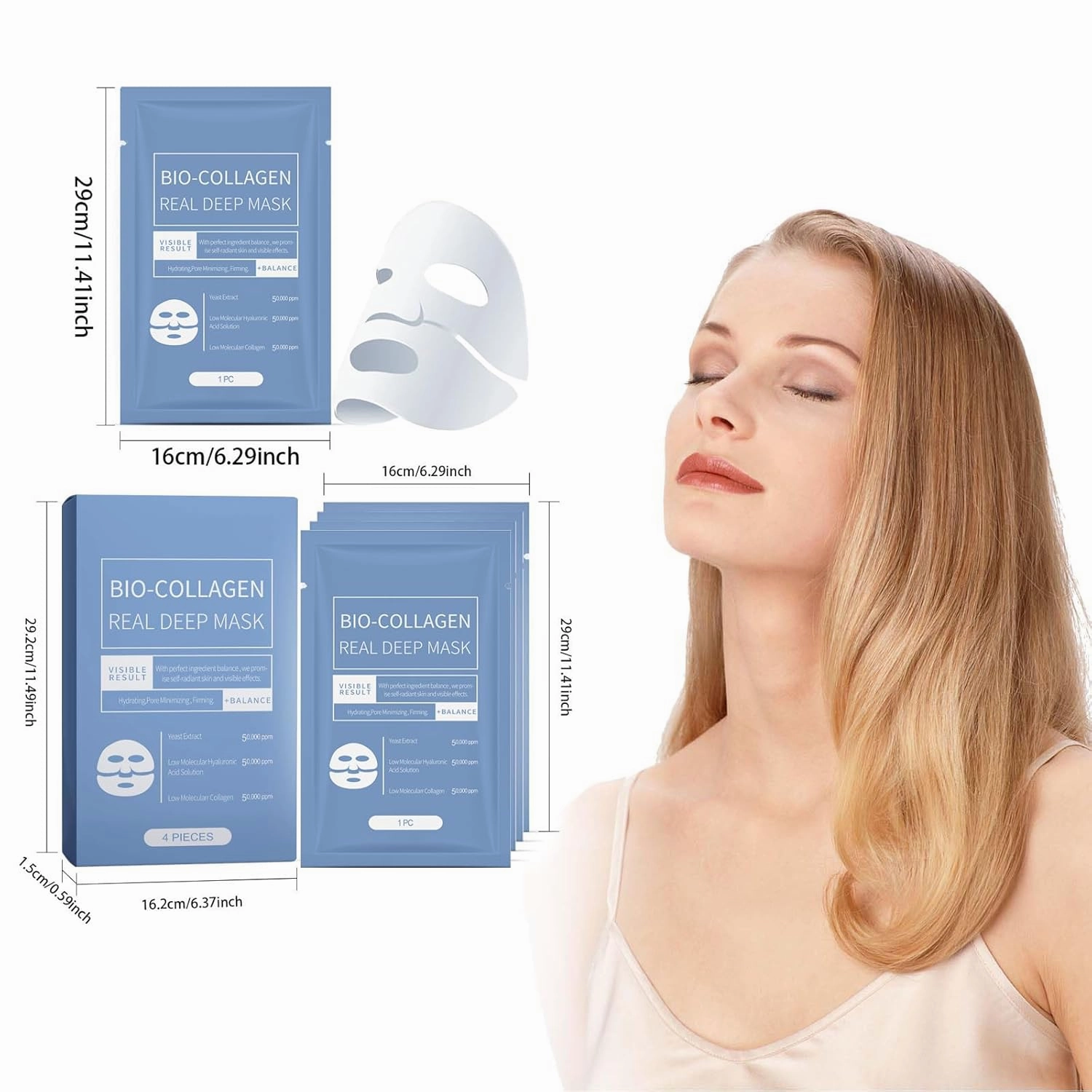 4Pcs Bio Collagen Mask, Collagen Hydrating Face Mask, Deeply Moisturizes Firms Skin to Improve Facial Wrinkles Pore Minimizing (Blue)