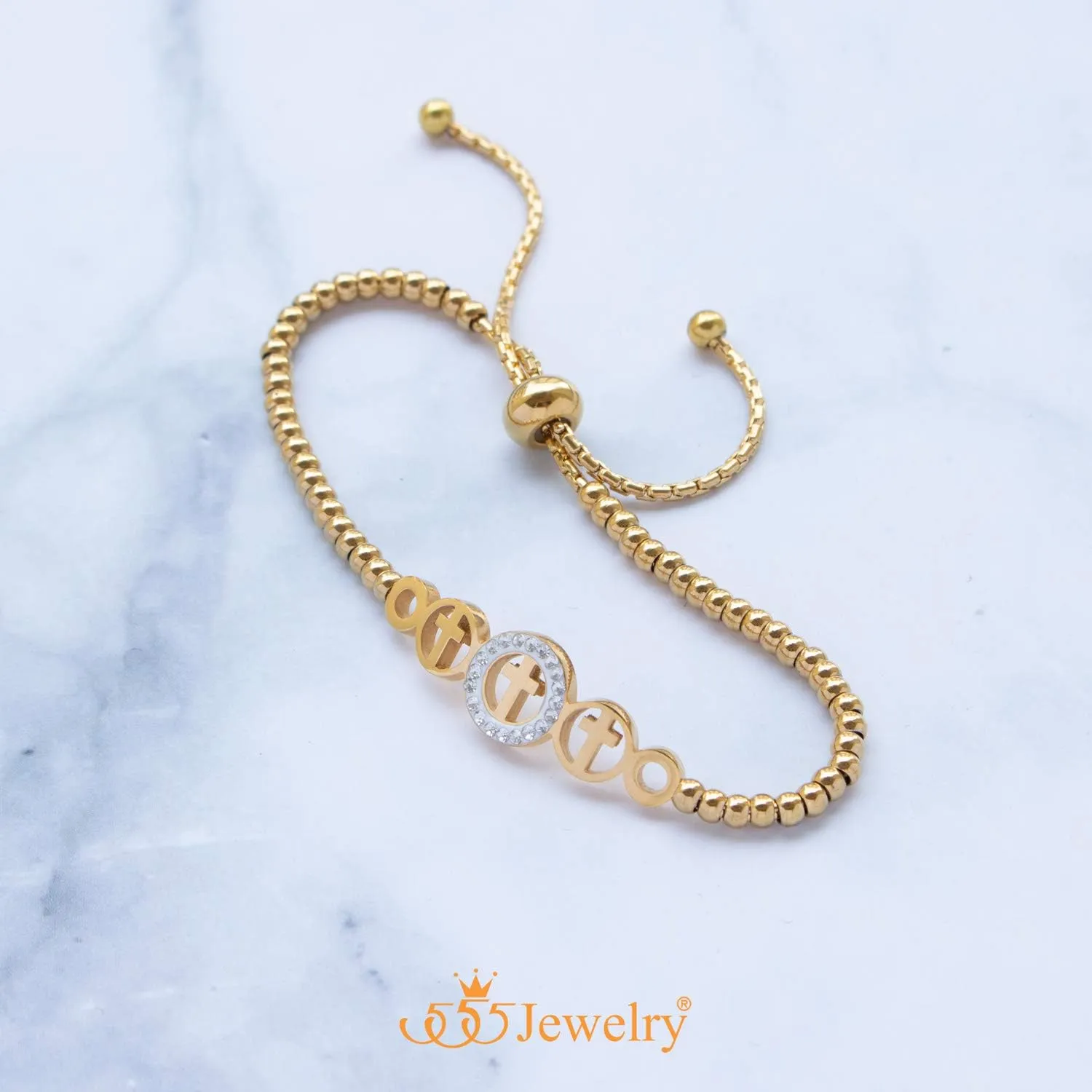 555Jewelry Adjustable Slider Cuff CZ Cross Bolo Bracelet for Women & Ladies