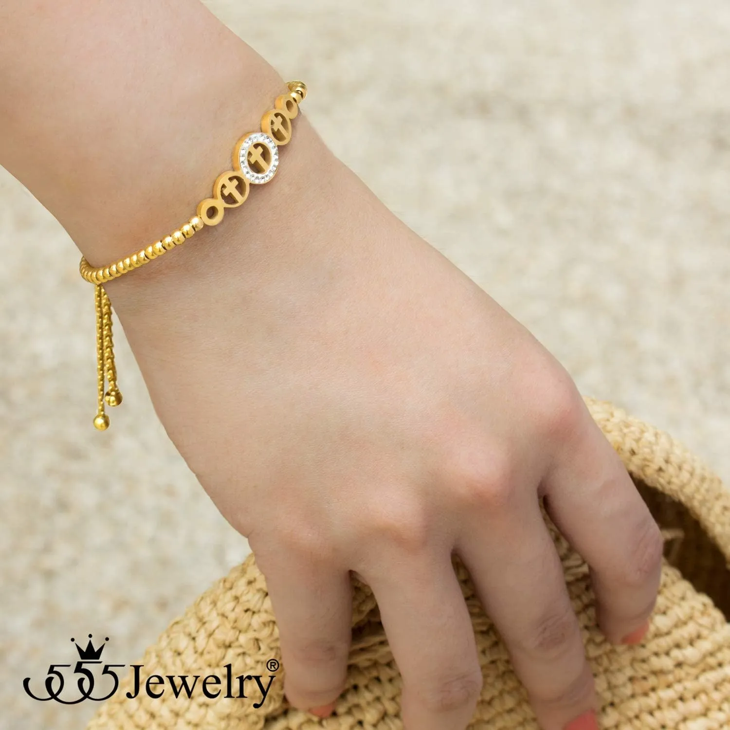 555Jewelry Adjustable Slider Cuff CZ Cross Bolo Bracelet for Women & Ladies