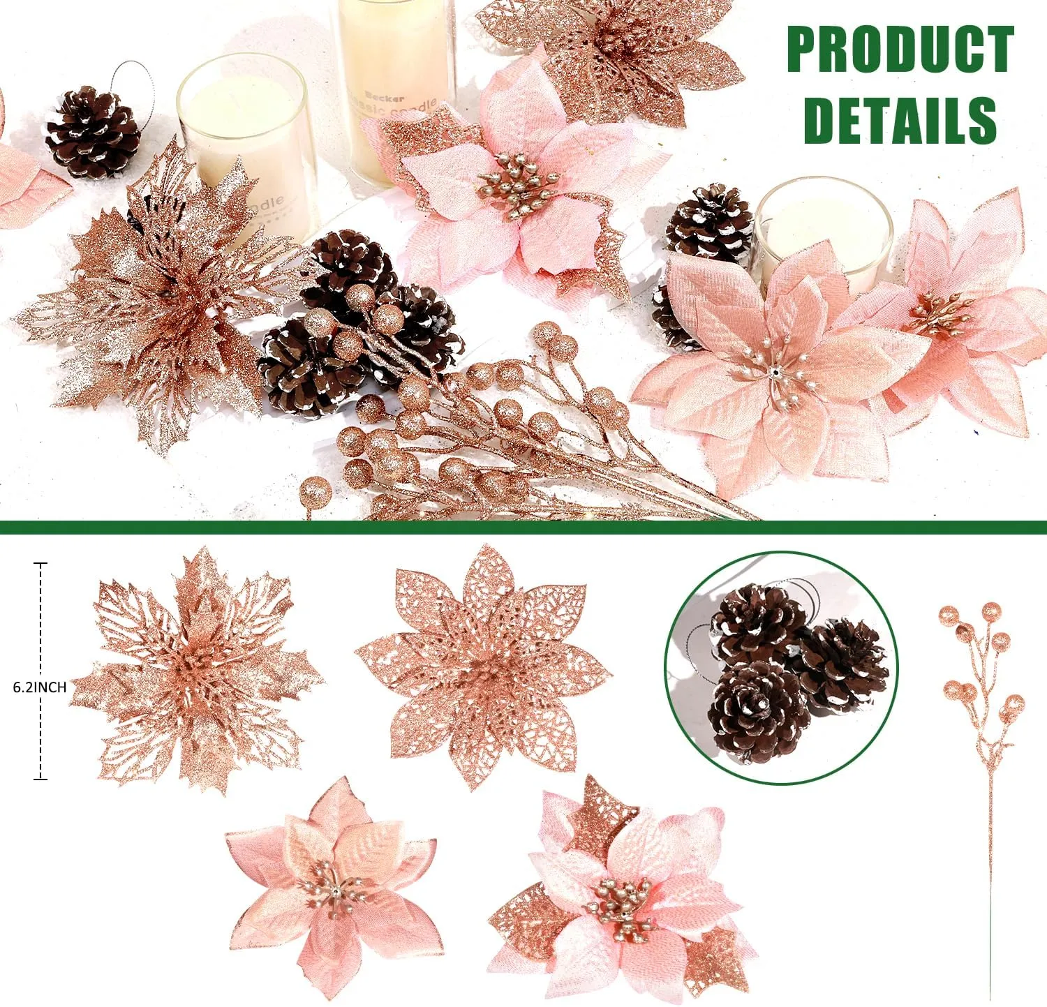 56 Pcs 4 Styles Poinsettias Artificial Christmas Flowers,Glitter Berries Stems Ornaments Tree with Pine Cones & Stems for Xmas Wedding DIY Wreath Floral Party Holiday Home Decorations (Rose Gold)