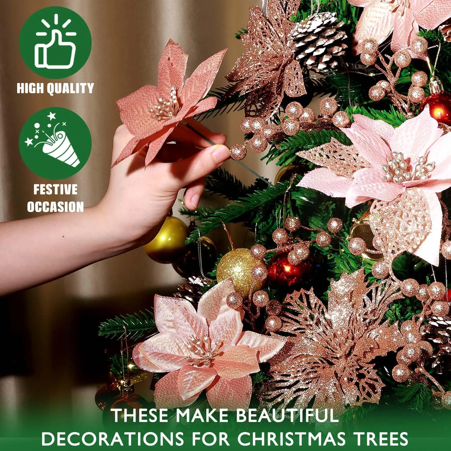 56 Pcs 4 Styles Poinsettias Artificial Christmas Flowers,Glitter Berries Stems Ornaments Tree with Pine Cones & Stems for Xmas Wedding DIY Wreath Floral Party Holiday Home Decorations (Rose Gold)