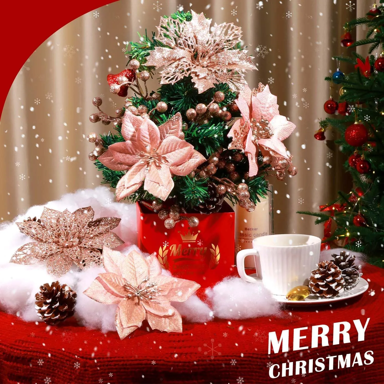 56 Pcs 4 Styles Poinsettias Artificial Christmas Flowers,Glitter Berries Stems Ornaments Tree with Pine Cones & Stems for Xmas Wedding DIY Wreath Floral Party Holiday Home Decorations (Rose Gold)