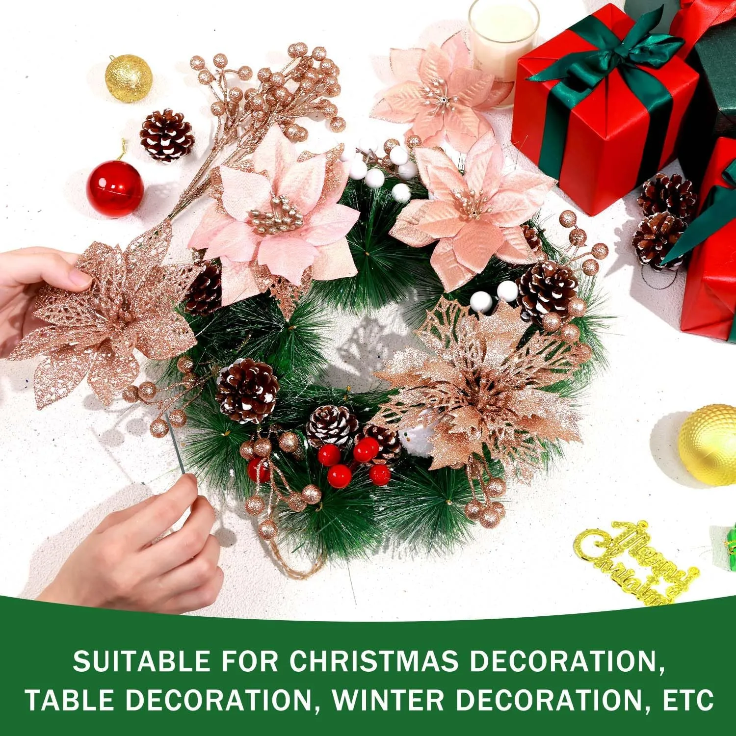 56 Pcs 4 Styles Poinsettias Artificial Christmas Flowers,Glitter Berries Stems Ornaments Tree with Pine Cones & Stems for Xmas Wedding DIY Wreath Floral Party Holiday Home Decorations (Rose Gold)