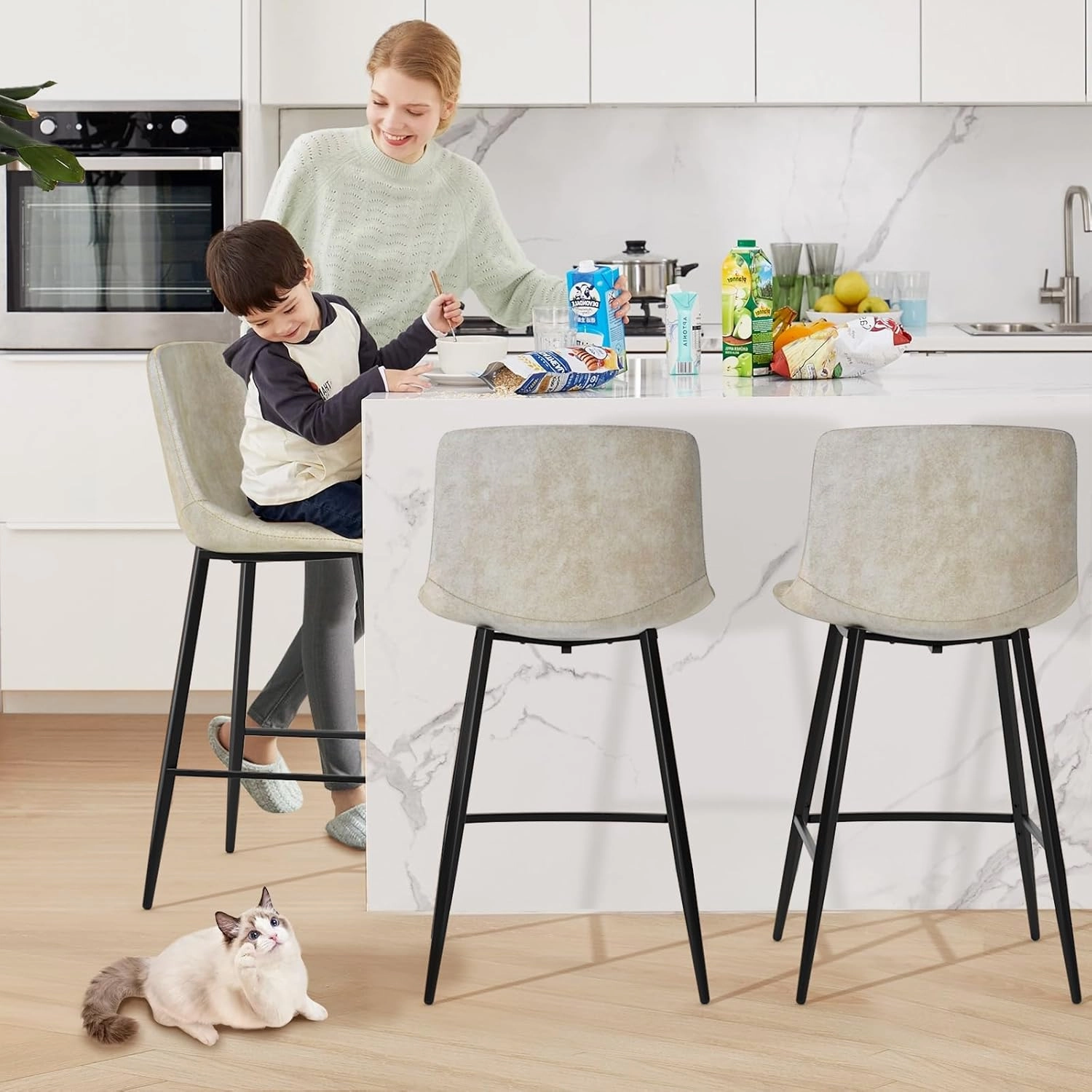 5Rcom 600 lbs Counter Height Bar Stools Set of 3, 24 Inch Leathaire Barstools with Back, Bar Chairs with Metal Legs for Kitchen Island, Dining Room, Party Room & Restaurant, (Beige)