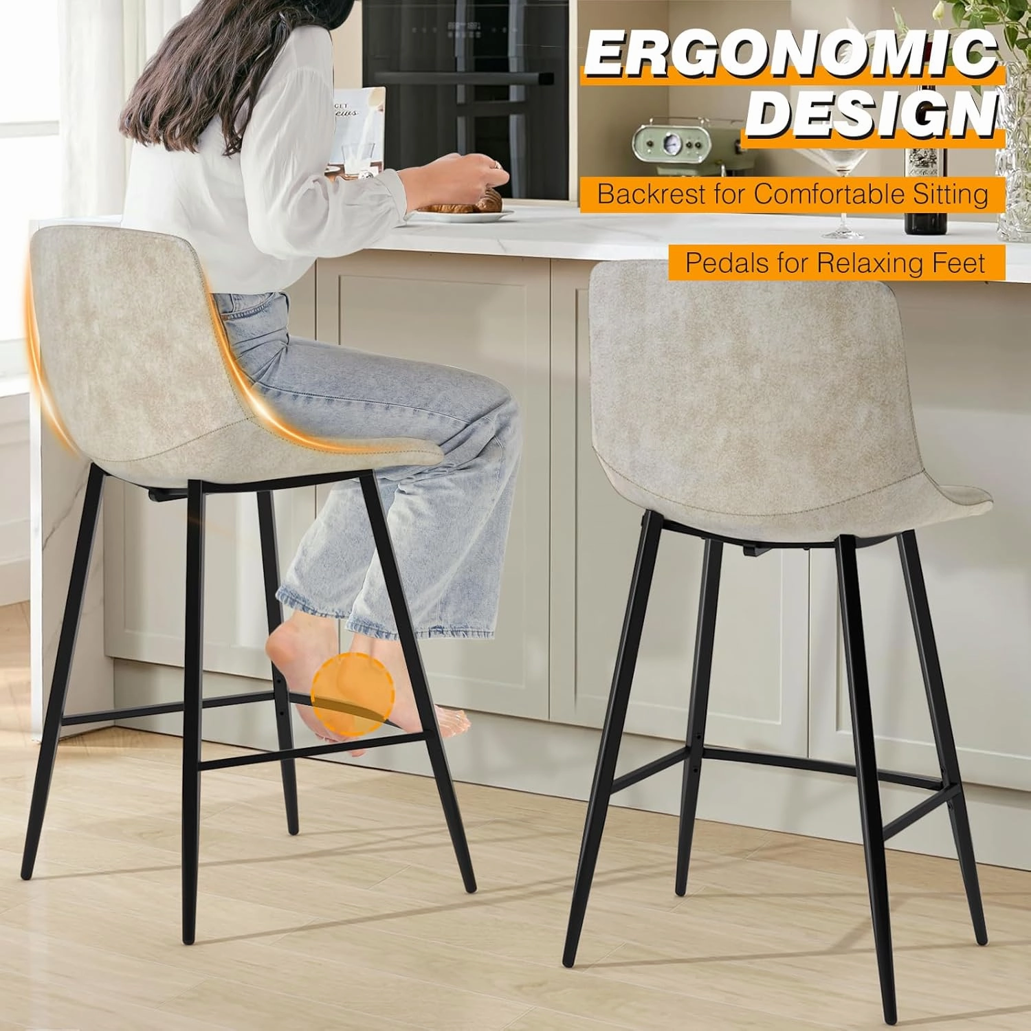 5Rcom 600 lbs Counter Height Bar Stools Set of 3, 24 Inch Leathaire Barstools with Back, Bar Chairs with Metal Legs for Kitchen Island, Dining Room, Party Room & Restaurant, (Beige)