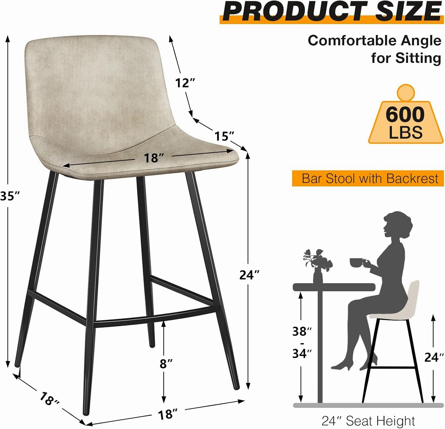 5Rcom 600 lbs Counter Height Bar Stools Set of 3, 24 Inch Leathaire Barstools with Back, Bar Chairs with Metal Legs for Kitchen Island, Dining Room, Party Room & Restaurant, (Beige)