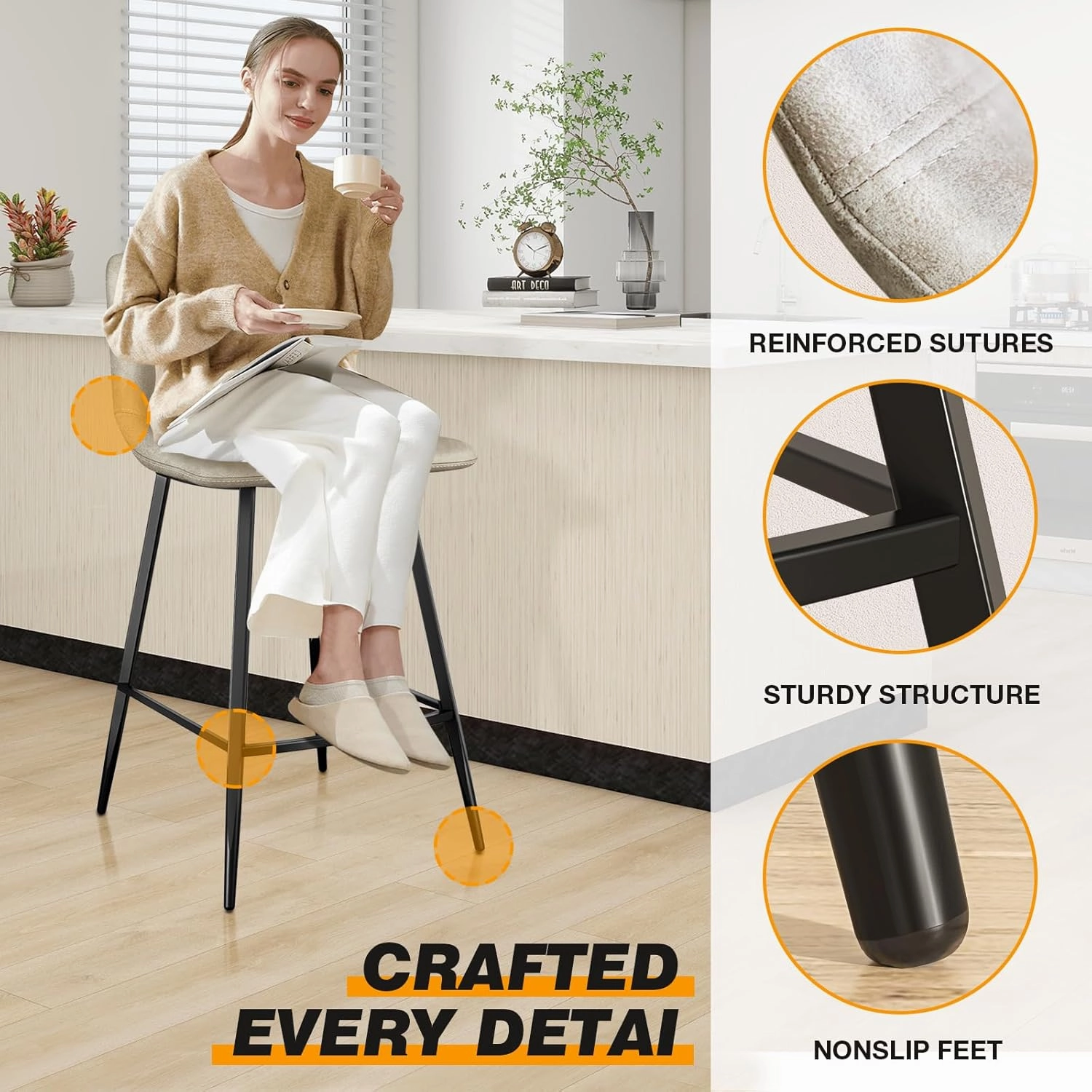 5Rcom 600 lbs Counter Height Bar Stools Set of 3, 24 Inch Leathaire Barstools with Back, Bar Chairs with Metal Legs for Kitchen Island, Dining Room, Party Room & Restaurant, (Beige)