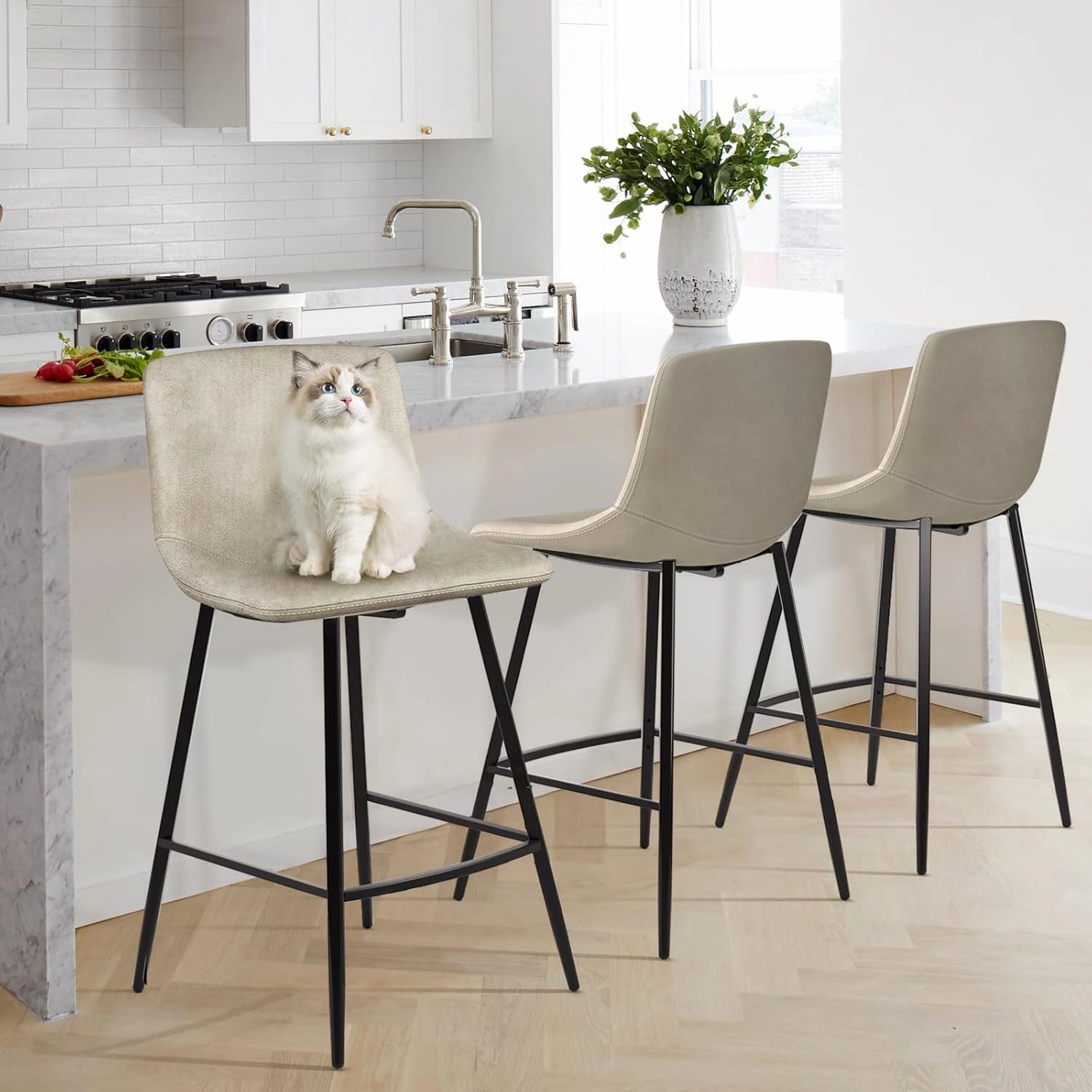 5Rcom 600 lbs Counter Height Bar Stools Set of 3, 24 Inch Leathaire Barstools with Back, Bar Chairs with Metal Legs for Kitchen Island, Dining Room, Party Room & Restaurant, (Beige)
