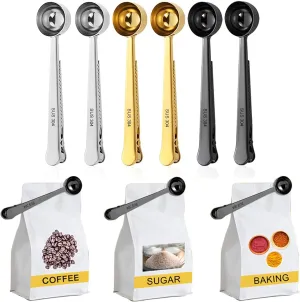 6 Pack Stainless Steel Coffee Scoops - 2-in-1 Tablespoon Measuring Spoon with Sealing Bag Clip
