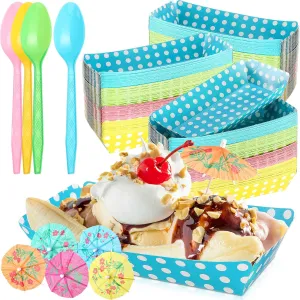 60 Set Colorful Food Trays Boat Paper Disposable Banana Split Boats with Umbrellas 8 oz Nacho Bowls for Birthday Summer Party Supplies Dessert(Colorful,Polka Dot Style)