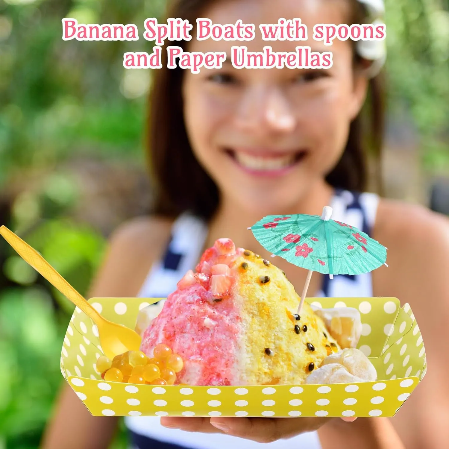 60 Set Colorful Food Trays Boat Paper Disposable Banana Split Boats with Umbrellas 8 oz Nacho Bowls for Birthday Summer Party Supplies Dessert(Colorful,Polka Dot Style)