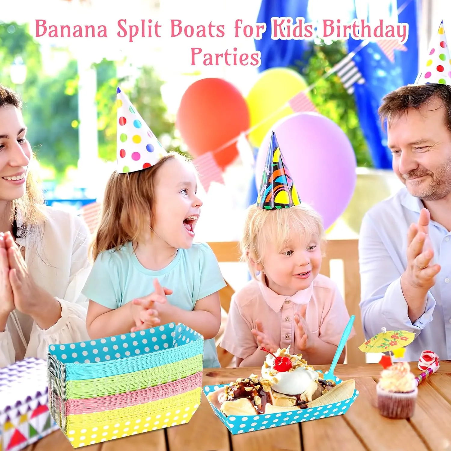 60 Set Colorful Food Trays Boat Paper Disposable Banana Split Boats with Umbrellas 8 oz Nacho Bowls for Birthday Summer Party Supplies Dessert(Colorful,Polka Dot Style)