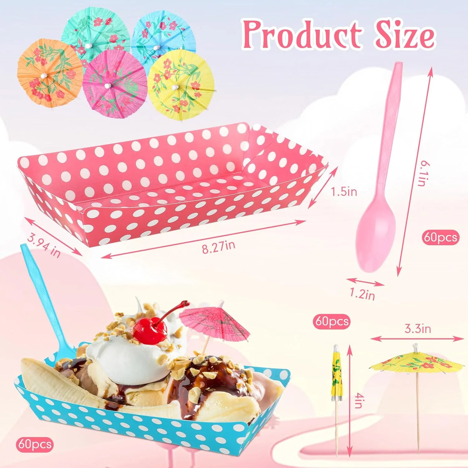 60 Set Colorful Food Trays Boat Paper Disposable Banana Split Boats with Umbrellas 8 oz Nacho Bowls for Birthday Summer Party Supplies Dessert(Colorful,Polka Dot Style)