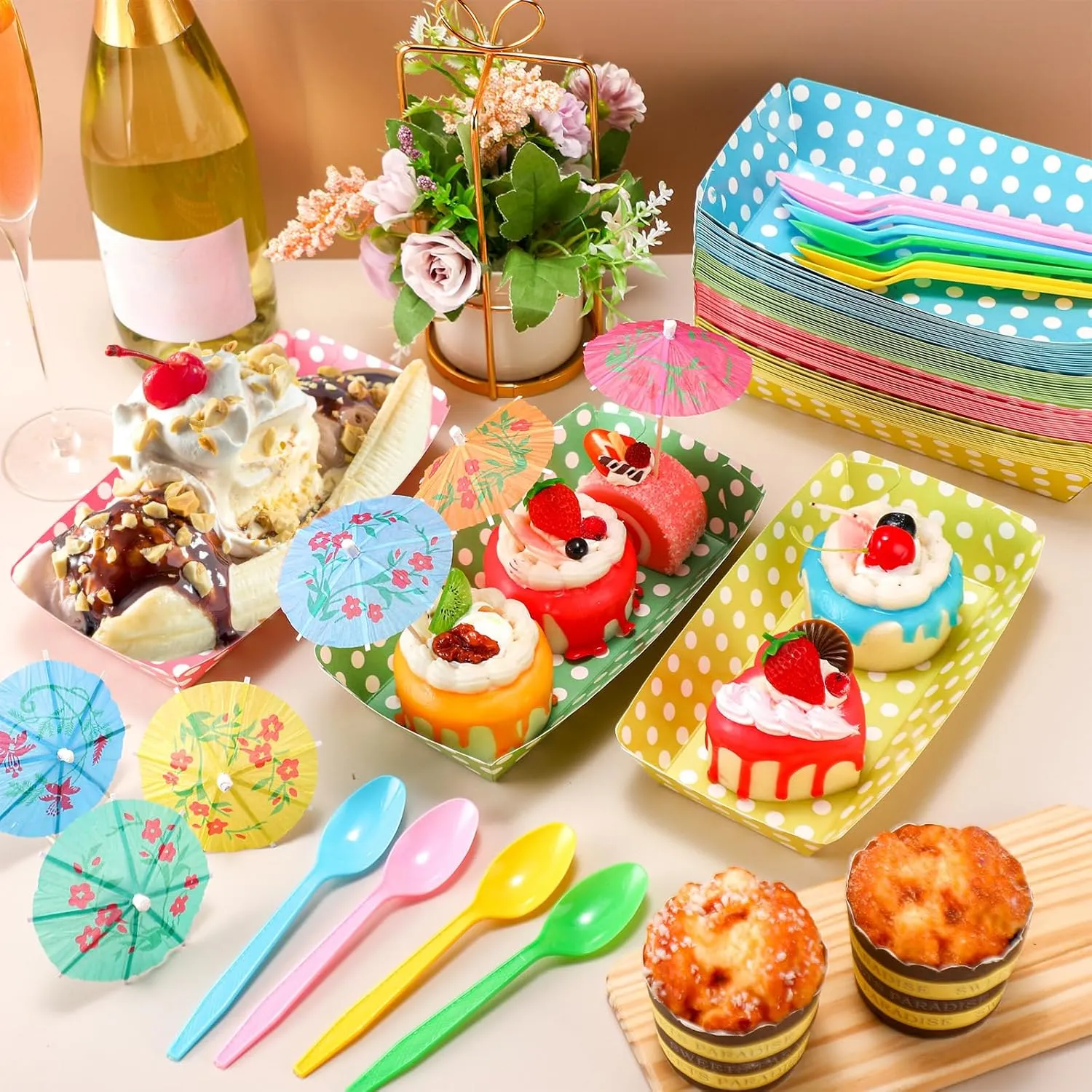 60 Set Colorful Food Trays Boat Paper Disposable Banana Split Boats with Umbrellas 8 oz Nacho Bowls for Birthday Summer Party Supplies Dessert(Colorful,Polka Dot Style)