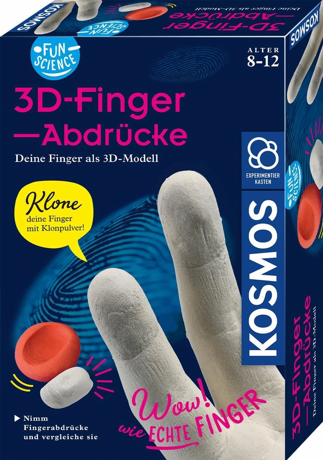 654221 Fun Science - 3D Fingerprints, 3D Sculptures Make Yourself, Imprint Set for Your Own Fingers, with Clone Powder and Plaster, KOSMOS Experiment Set for Children from 8 Years, Silver
