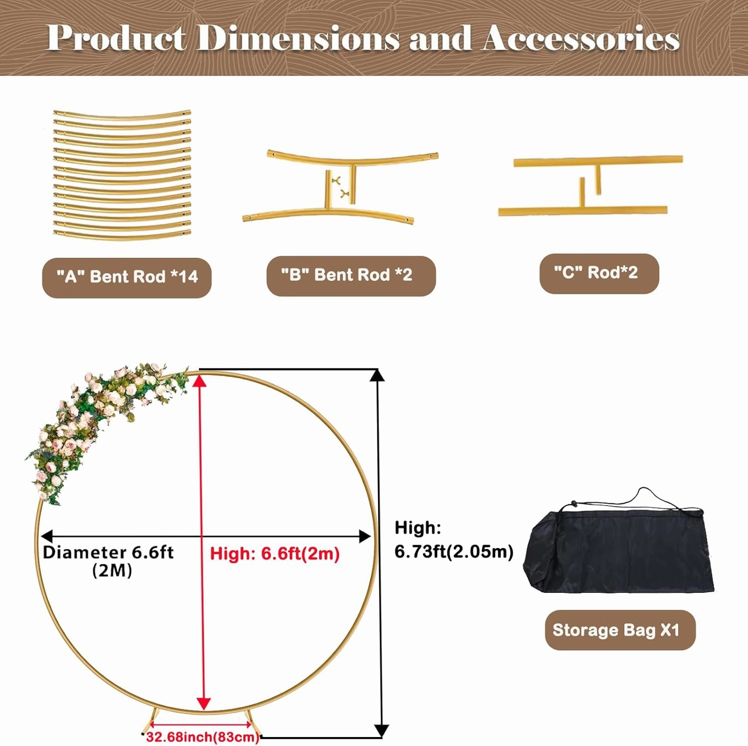 6.6FT Balloon Arch Stand Metal Round Backdrop Stand Circle Balloon Arch Frame Wedding Arches with Storage Bag for Ceremony Birthday Party Baby Shower Decoration