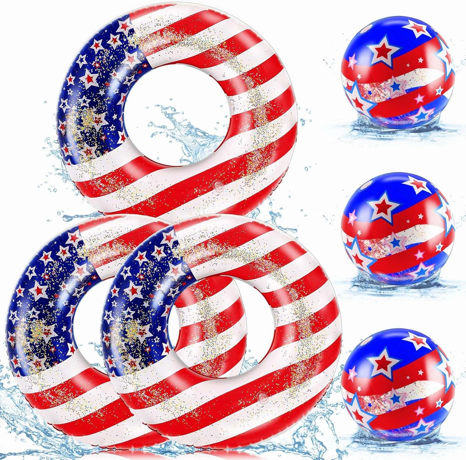 6 Pcs 4th of July Inflatable USA Pool Floats 36 Inch Inflatable Patriotic Ring Tubes with Glitter Confetti 16 Inch USA Flag Pool Beach Balls for Adult Independence Day Swimming Beach Party
