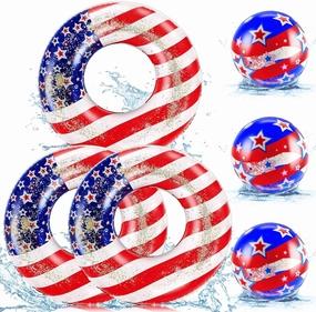 6 Pcs 4th of July Inflatable USA Pool Floats 36 Inch Inflatable Patriotic Ring Tubes with Glitter Confetti 16 Inch USA Flag Pool Beach Balls for Adult Independence Day Swimming Beach Party