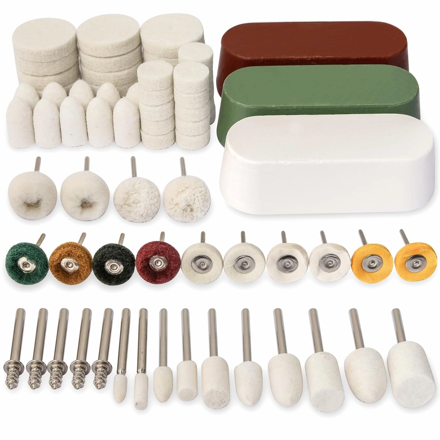 72 PCS Buffing Wheel Polishing Kit Compatible with Dremel, with Polish Compound, Rotary Tool Accessories with 1/8" Shank, Abrasive Wheel Buffing Polishing Wire Brushes Wool Felt Cotton Mounted