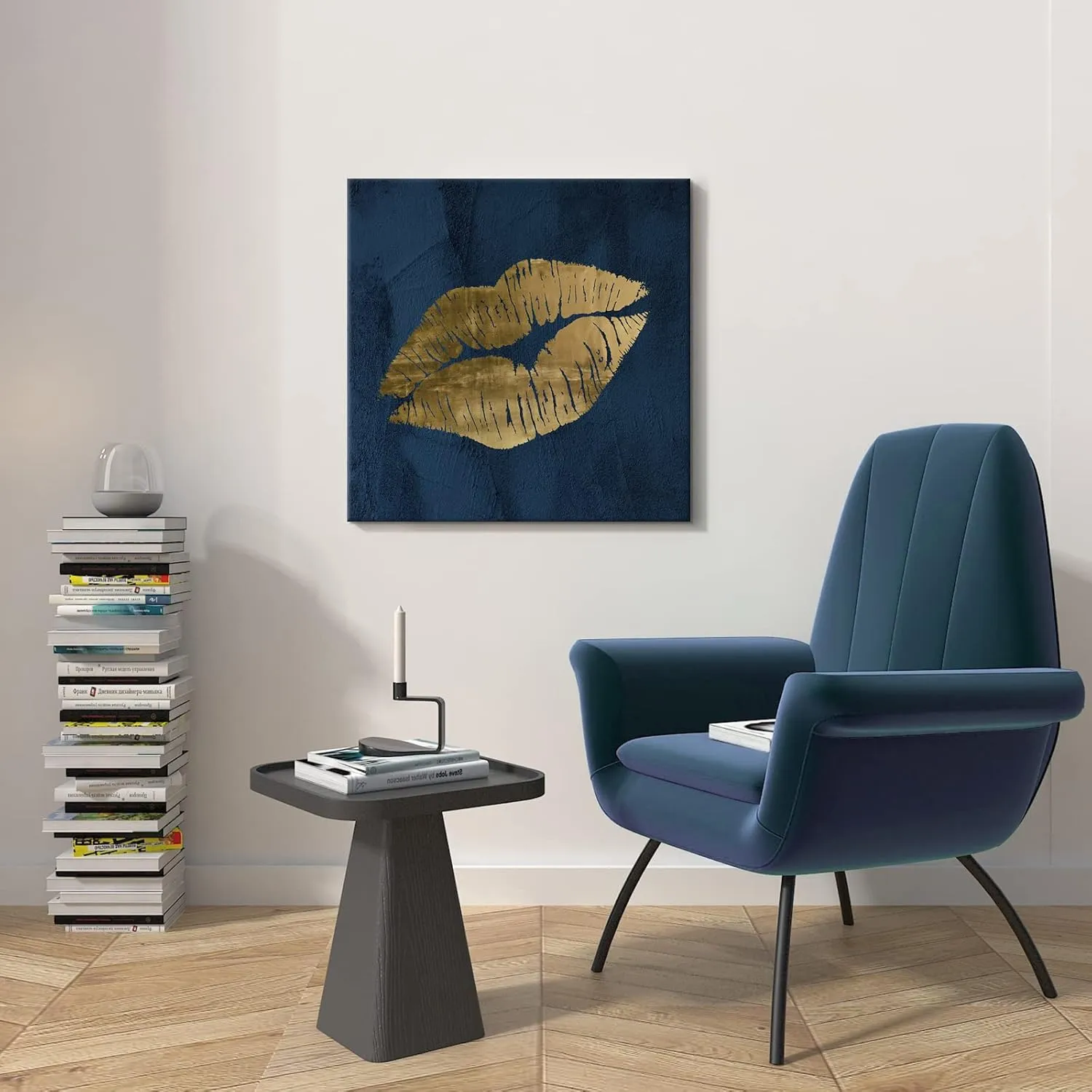 7CANVAS Navy Blue and Gold Wall Decor Fashion Lip Canvas Wall Art Glam Lip Poster Sexy Painting Designer Picture for Bedroom Bathroom Makeup Room Decoration 24x24Inch