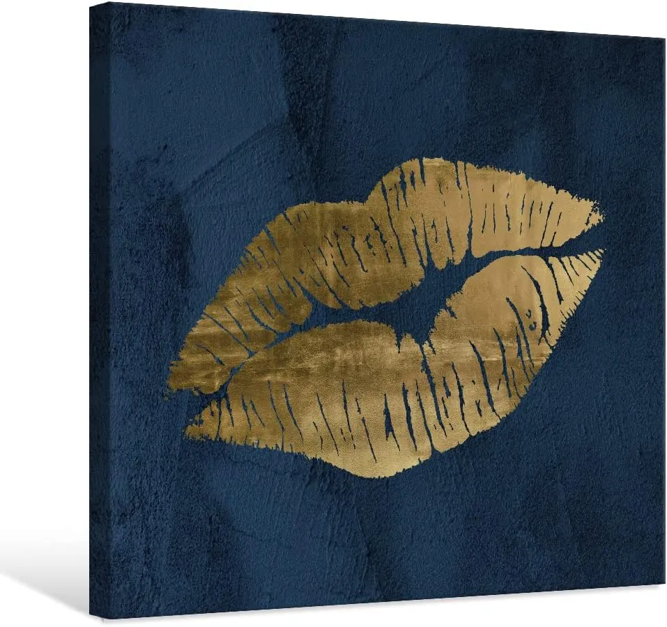 7CANVAS Navy Blue and Gold Wall Decor Fashion Lip Canvas Wall Art Glam Lip Poster Sexy Painting Designer Picture for Bedroom Bathroom Makeup Room Decoration 24x24Inch