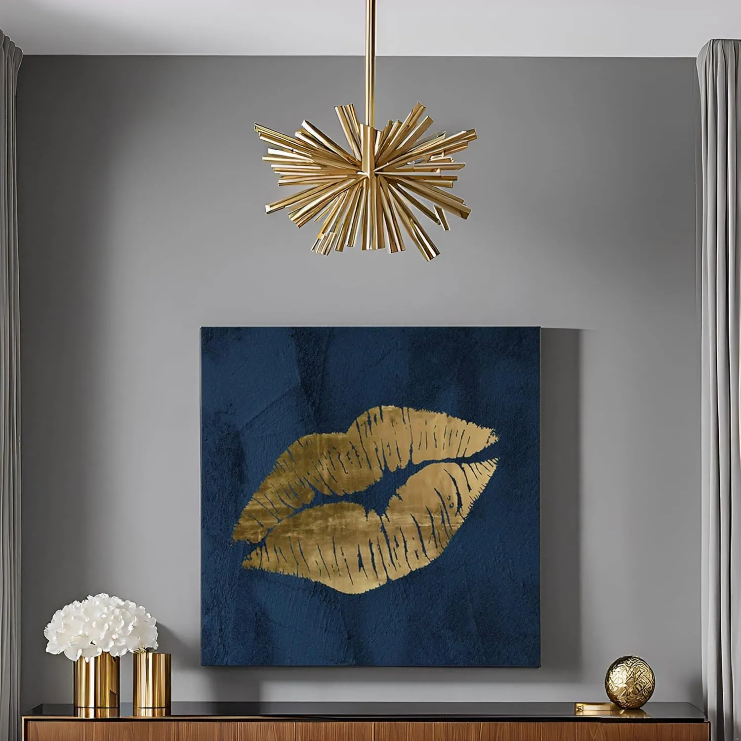 7CANVAS Navy Blue and Gold Wall Decor Fashion Lip Canvas Wall Art Glam Lip Poster Sexy Painting Designer Picture for Bedroom Bathroom Makeup Room Decoration 24x24Inch