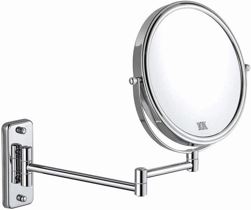 8-Inch Wall Mounted Makeup Mirror 10X Magnification, Two-Sided Swivel Round Shape Extendable Bathroom Vanity Cosmetic Mirror Shaving Mirror Chrome Finish