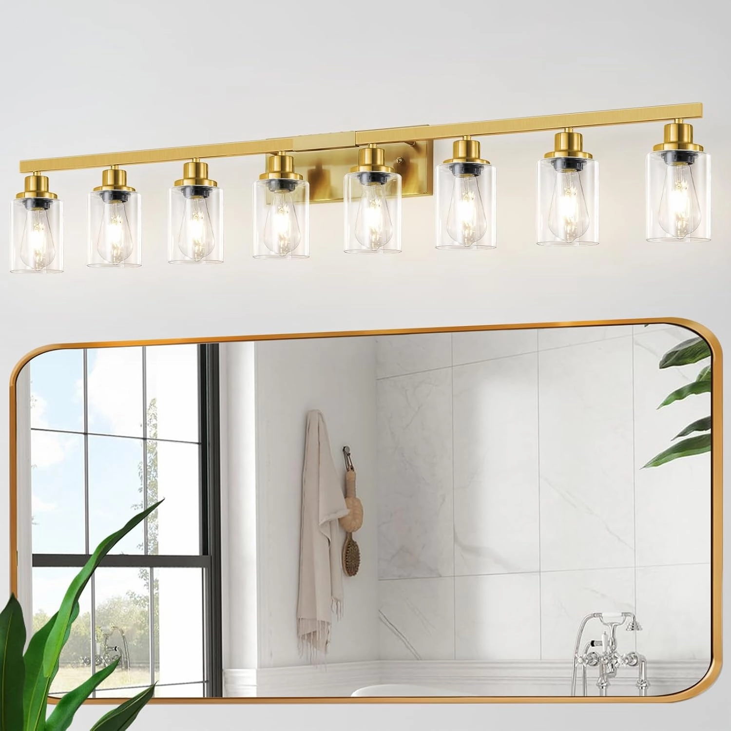 8 Light Gold Vanity Lights for Mirror, 52inch Modern Gold Bathroom Wall Lighting for Bedroom, Living Room