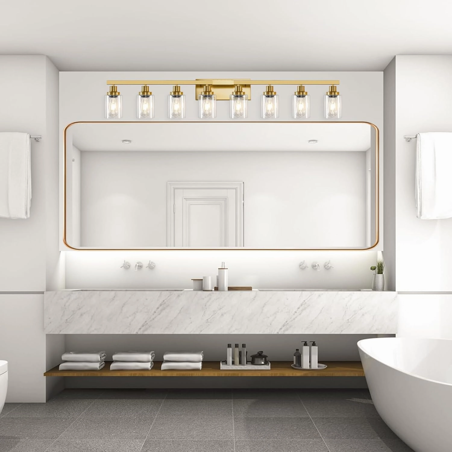 8 Light Gold Vanity Lights for Mirror, 52inch Modern Gold Bathroom Wall Lighting for Bedroom, Living Room