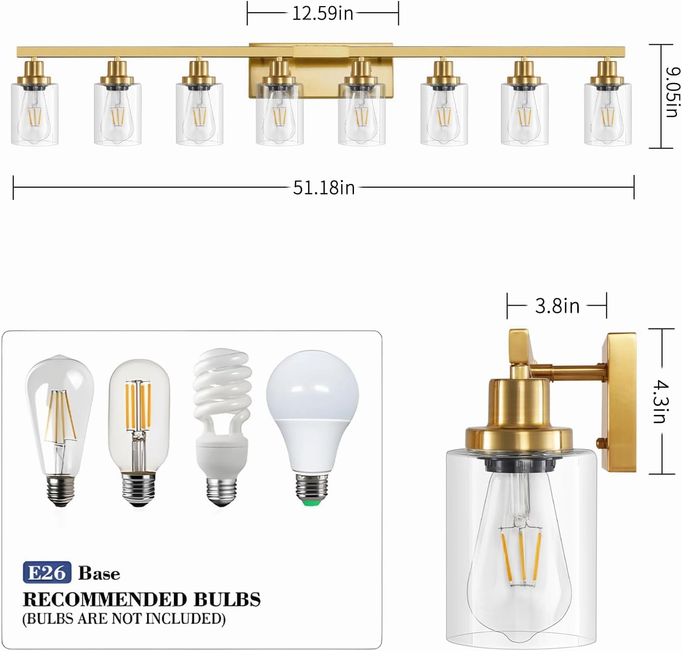 8 Light Gold Vanity Lights for Mirror, 52inch Modern Gold Bathroom Wall Lighting for Bedroom, Living Room