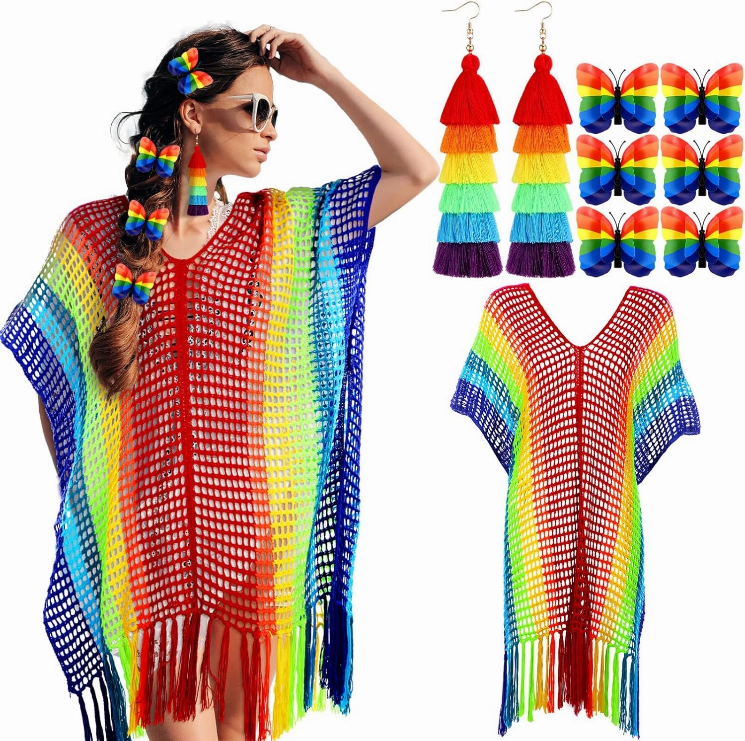 8 Pcs Rainbow Gay Pride Outfits for Women LGBT Rainbow Accessories Cover up Dress Tassel Earrings Butterfly Hair Clip for Pride Day Month Gay Lesbian LGBTQ Summer