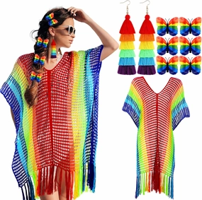 8 Pcs Rainbow Gay Pride Outfits for Women LGBT Rainbow Accessories Cover up Dress Tassel Earrings Butterfly Hair Clip for Pride Day Month Gay Lesbian LGBTQ Summer