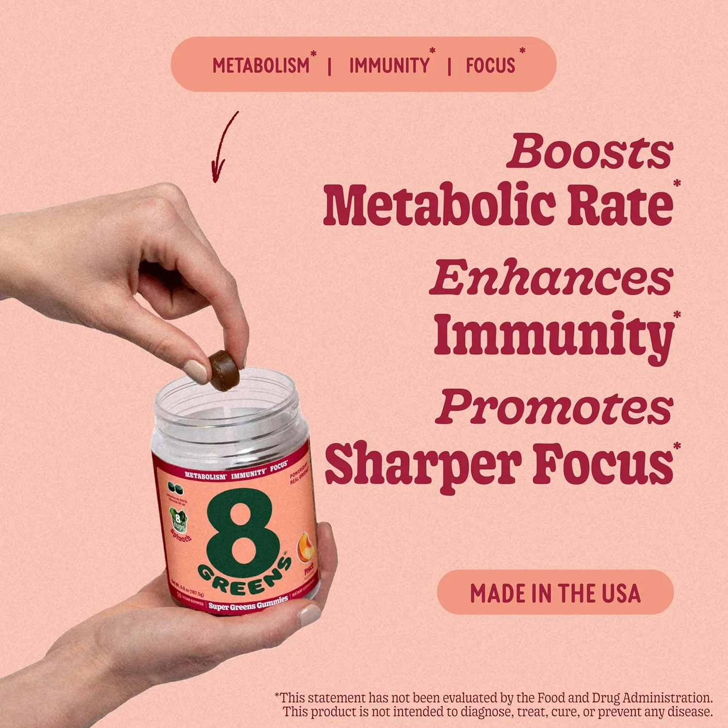 8Greens Supergreens Gummies | Super Greens Powder Superfood Gummy for Metabolism, Immunity & Focus, Digestive Health Enzymes, Organic: Chlorella, Spirulina, Aloe Vera, Peach Flavor, 50 Count