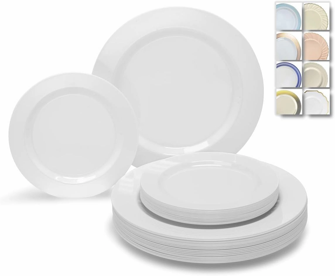 " OCCASIONS " 120 Plates Pack,(60 Guests) Heavyweight Premium Wedding Party Disposable Plastic Plates Set -60 x 10.5'' Dinner   60 x 7.5'' Salad/Dessert (Plain White)