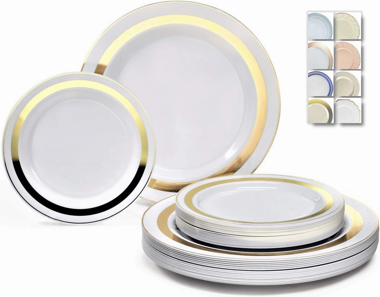 " OCCASIONS " 120 Plates Pack,(60 Guests) Heavyweight Premium Wedding Party Disposable Plastic Plates Set -60 x 10.5'' Dinner   60 x 7.5'' Salad/Dessert (Soleil White & Gold)