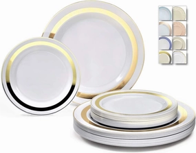" OCCASIONS " 120 Plates Pack,(60 Guests) Heavyweight Premium Wedding Party Disposable Plastic Plates Set -60 x 10.5'' Dinner   60 x 7.5'' Salad/Dessert (Soleil White & Gold)