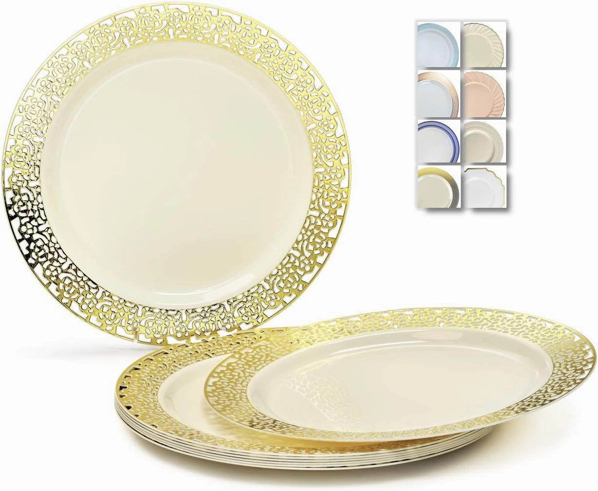 " OCCASIONS " 120 Plates Pack, Heavyweight Disposable Wedding Party Plastic Plates (10.25'' Dinner Plate, Florence in Ivory & Gold)