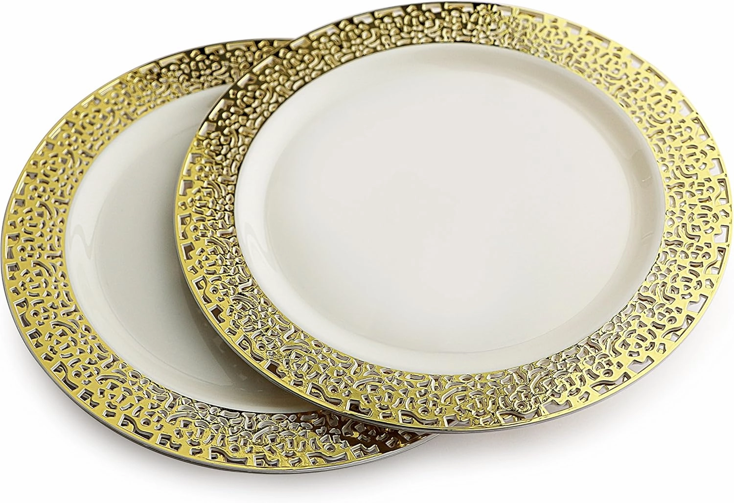 " OCCASIONS " 120 Plates Pack, Heavyweight Disposable Wedding Party Plastic Plates (10.25'' Dinner Plate, Florence in Ivory & Gold)