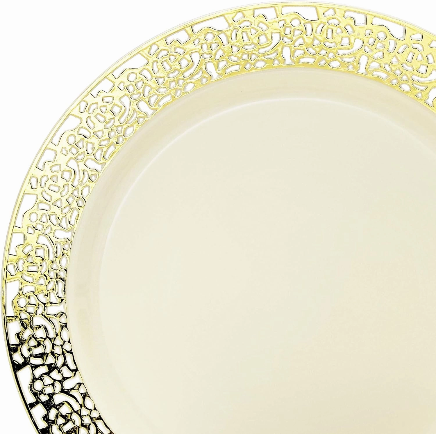 " OCCASIONS " 120 Plates Pack, Heavyweight Disposable Wedding Party Plastic Plates (10.25'' Dinner Plate, Florence in Ivory & Gold)