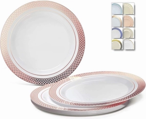 " OCCASIONS " 120 Plates Pack, Heavyweight Disposable Wedding Party Plastic Plates (10.5'' Dinner Plate, Celebration in White & Rose gold)