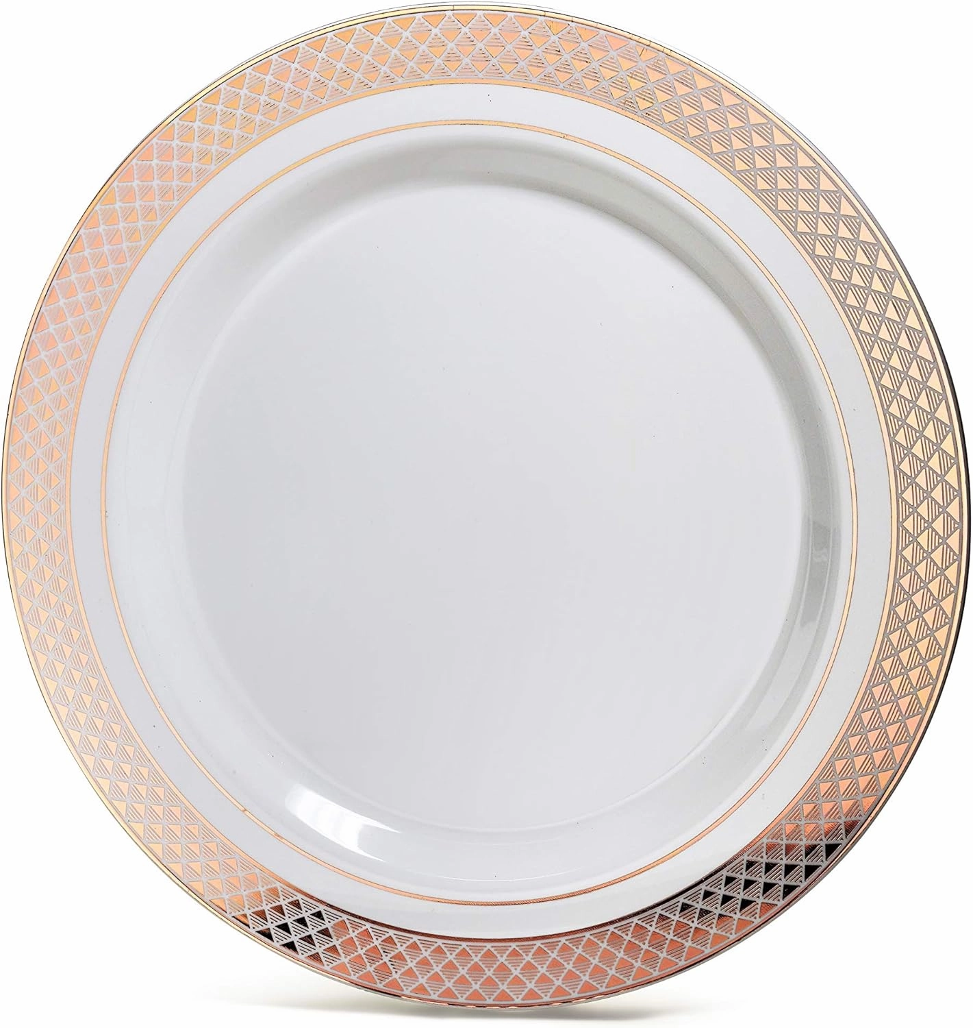 " OCCASIONS " 120 Plates Pack, Heavyweight Disposable Wedding Party Plastic Plates (10.5'' Dinner Plate, Celebration in White & Rose gold)