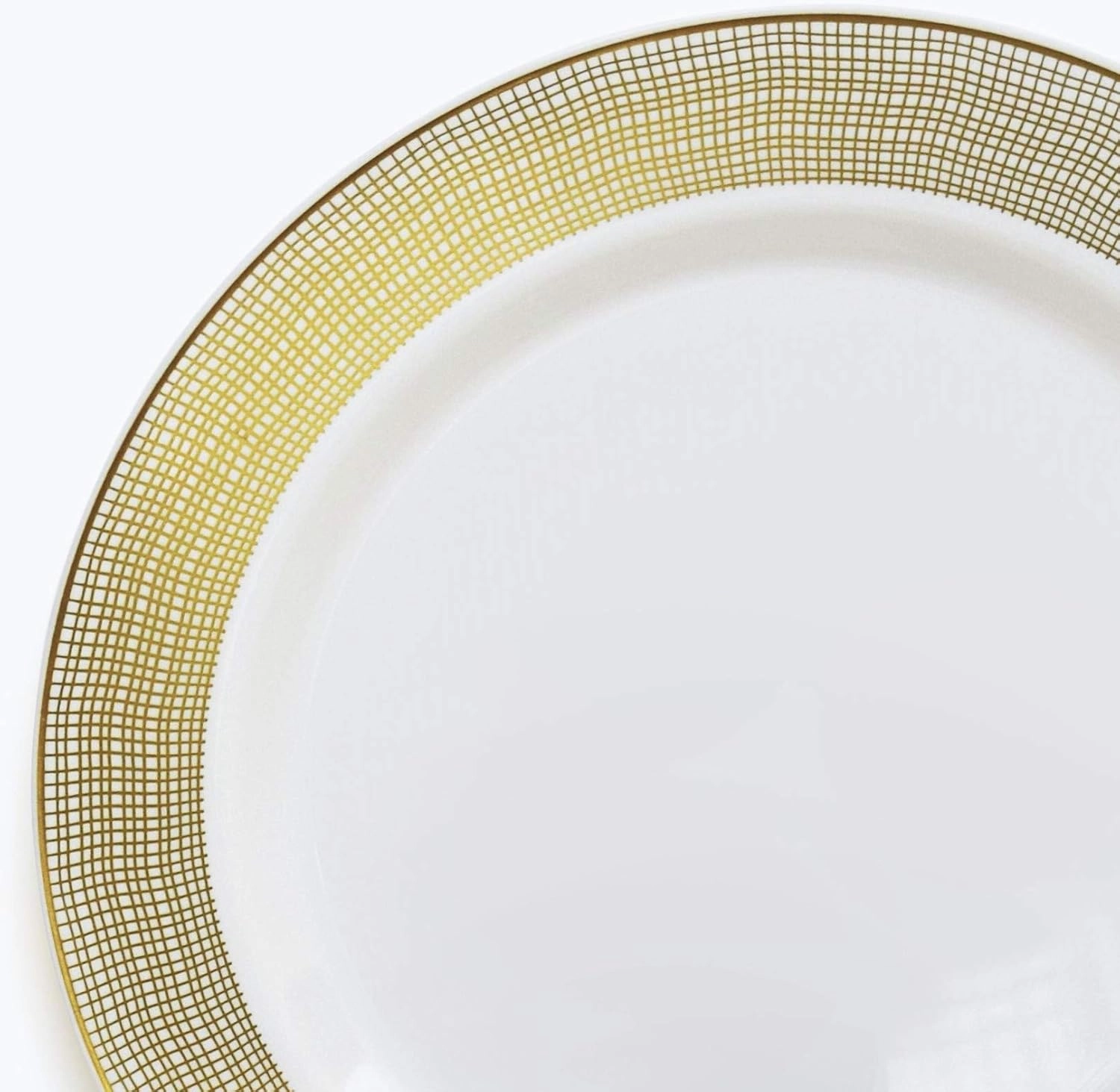 " OCCASIONS " 120 Plates Pack, Heavyweight Disposable Wedding Party Plastic Plates (10.5'' Dinner Plate, Linen in White & Gold)