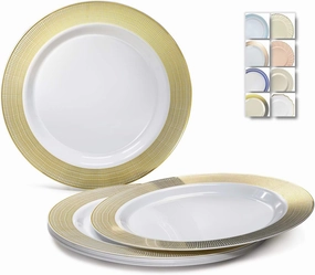 " OCCASIONS " 120 Plates Pack, Heavyweight Disposable Wedding Party Plastic Plates (10.5'' Dinner Plate, Linen in White & Gold)