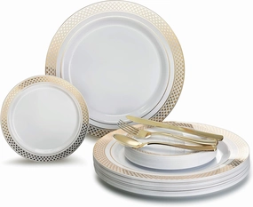 " OCCASIONS " 125pcs set (25 Guests)-Wedding Plastic Plates & cutlery -Disposable heavyweight Dinnerware 10.5'', 6.25''   Gold Silverware (Celebration White & Gold)