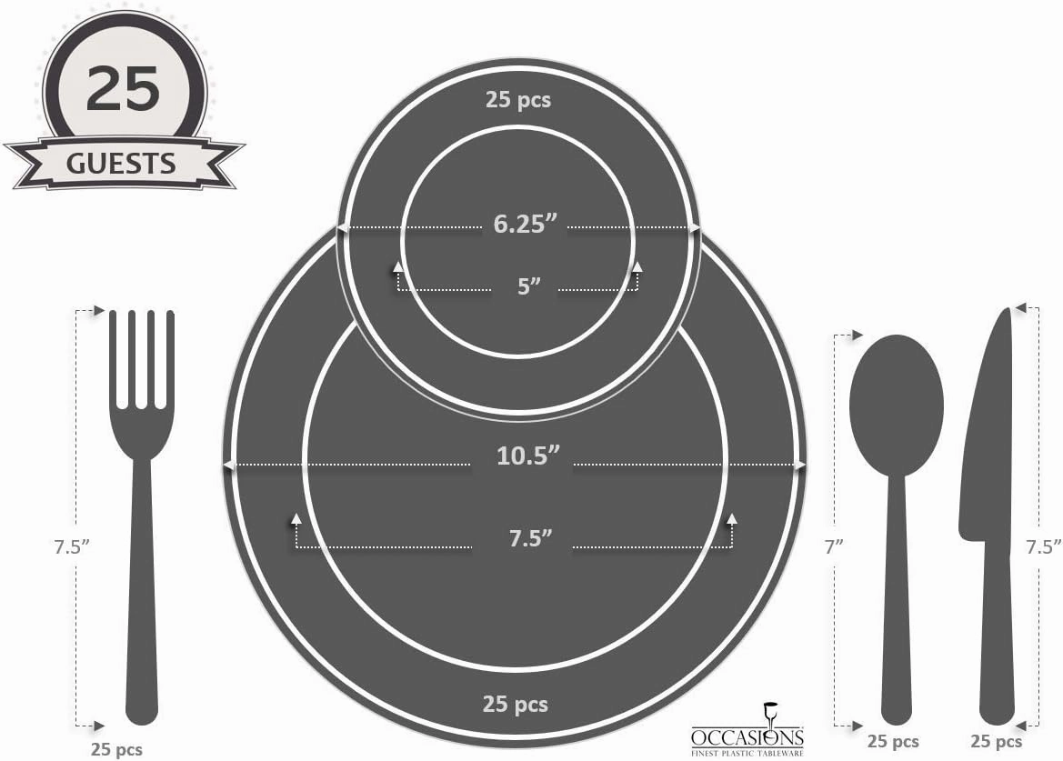" OCCASIONS " 125pcs set (25 Guests)-Wedding Plastic Plates & cutlery -Disposable heavyweight Dinnerware 10.5'', 6.25''   Gold Silverware (Celebration White & Gold)