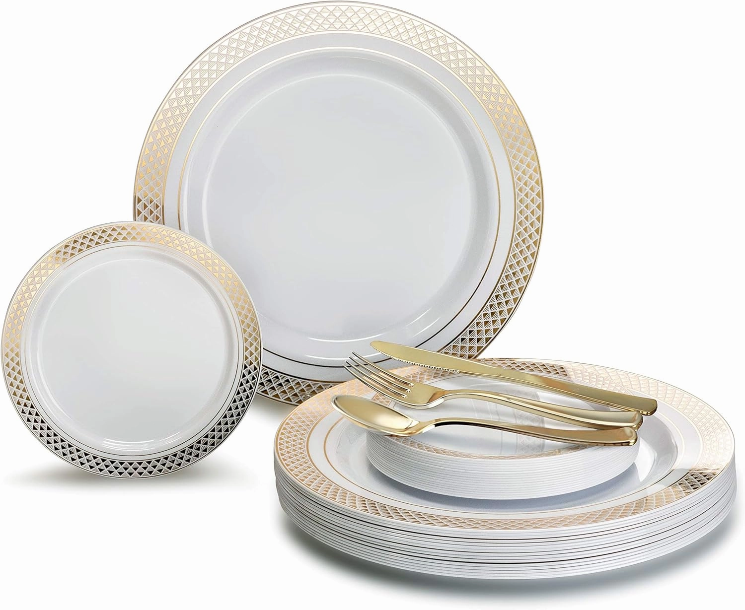 " OCCASIONS " 125pcs set (25 Guests)-Wedding Plastic Plates & cutlery -Disposable heavyweight Dinnerware 10.5'', 6.25''   Gold Silverware (Celebration White & Gold)
